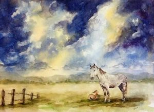 original painting, horse, mare and foal