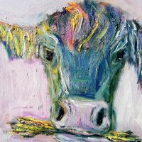 oil painting, cow, eating , hay